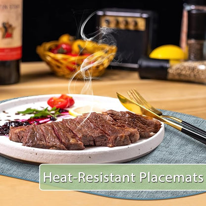 Placemats Set of 12 Washable, Heat Resistant Table Placemats Wipeable Faux Leather Oval Place Mats Non Slip, Waterproof Oval Table Mats for Indoor Outdoor, Light Blue