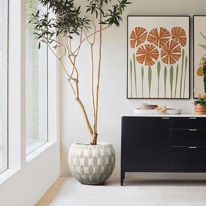 LuxenHome 14" Dia Round Concrete Planter, Indoor Outdoor Large Plant Pot with Drainage Hole and Rubber Plug, Flower Pot for Plants, Modern Geometric Weathered Planter Pot for Home Patio Garden