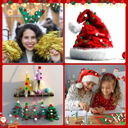 UPINS 600 Pcs Christmas Pom Poms Balls, Red Green White Craft Pompoms Fluffy Balls for Christmas Party DIY Creative Decorations Supplies（3Size）