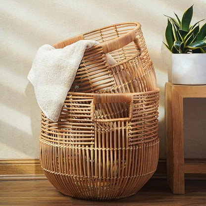Set Of 2 Large Woven Blanket Baskets With Handles | Round Wicker Rattan Storage Floor Baskets for Shoe In Living Room | Extra Big Boho Rattan Laundry For Pillow, Blanket