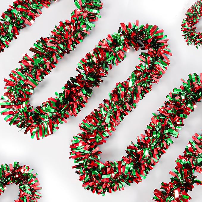50Ft Christmas Tinsel Garland - Red Green Shiny Metallic Twist Decor for Christmas Tree Home Stairs Railing Front Door Mantle Fireplace Indoor Outdoor Holiday Party