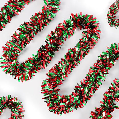 50Ft Christmas Tinsel Garland - Red Green Shiny Metallic Twist Decor for Christmas Tree Home Stairs Railing Front Door Mantle Fireplace Indoor Outdoor Holiday Party