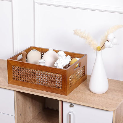 Wooden Storage Basket Large Handmade Rattan Drawer Storage Box with Frame & Handles Decorative Natural Bamboo Woven Bins Rustic Farmhouse Decor Home Office Tabletop Shelf Organizer 15" x 11" x 5.9"