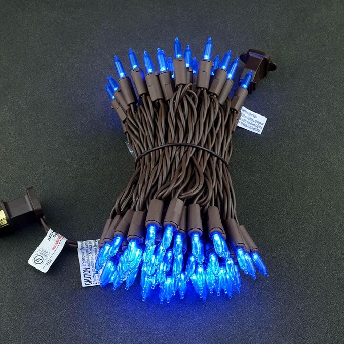 YULETIME Blue LED Christmas Lights with Brown Wire, 33 ft 100 Count UL Certified Commercial Grade Holiday String Light Set (Blue - Brown Wire)