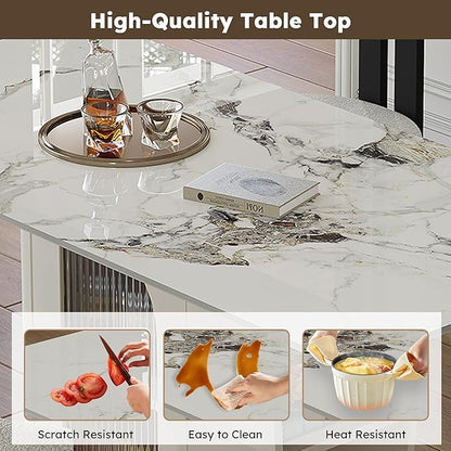 Montary 63" Modern 4-6 Person Dining Table with Storage Cabinet, Artificial Marble Dining Table with Sintered Stone Tabletop & Golden Solid Wood Base, Includes 6 White Velvet Chairs for Kitchen