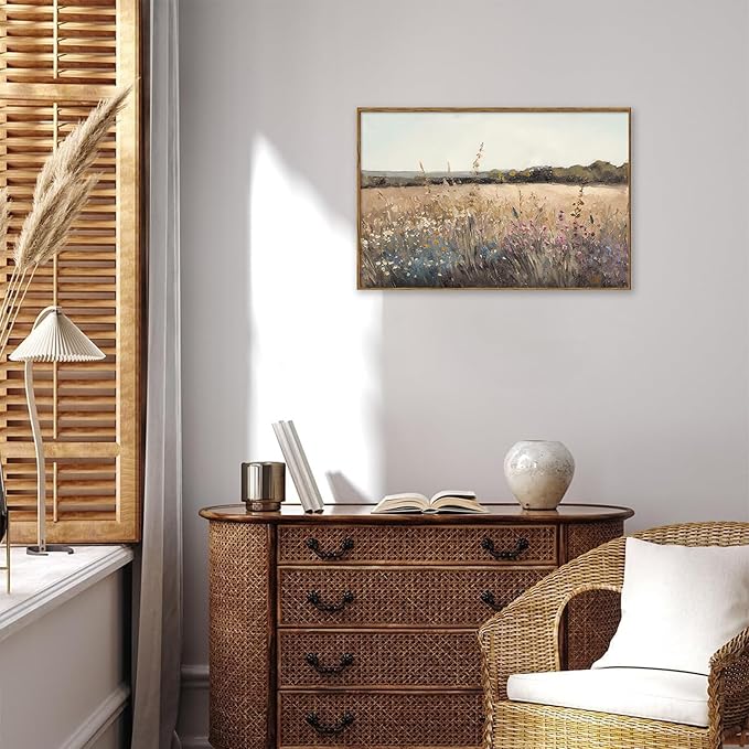 KBKBART Framed Vintage Wall Art Prints, Retro European Country Autumn Wildflower Field Landscape Canvas Painting Farmhouse Decor, Rustic Antique Framed Canvas Wall Art for Bathroom, Bedroom, Living