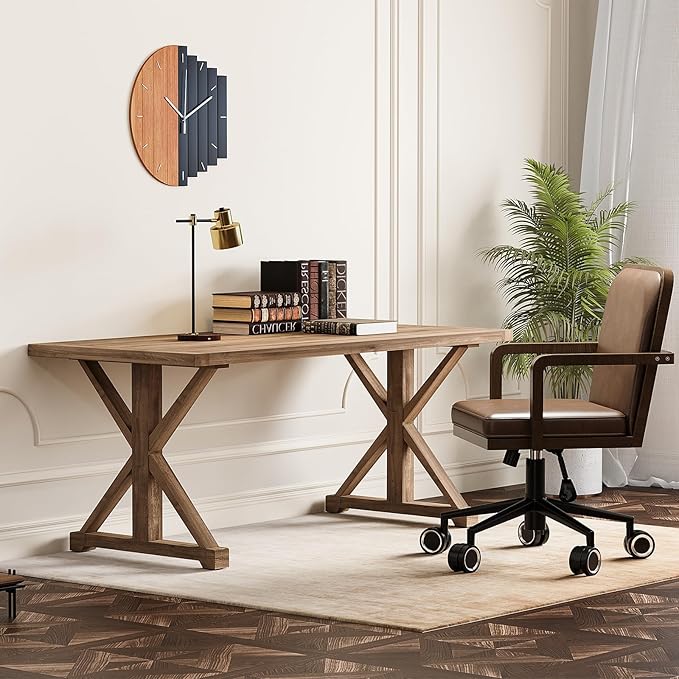 homary 70.9" Rustic Solid Wood Desk, Home Office Desk with Trestle Base, Executive Writing Table for Home Office, Study Room or Dining Space, Natural Finish