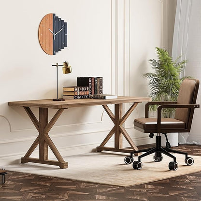 homary 70.9" Rustic Solid Wood Desk, Home Office Desk with Trestle Base, Executive Writing Table for Home Office, Study Room or Dining Space, Natural Finish