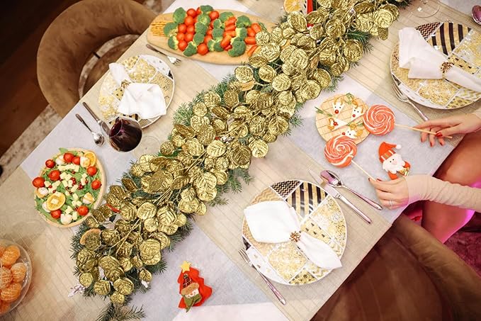 3 Pcs 6FT Christmas Garland Gold Glittered Artificial Eucalyptus Leaves for Mantle Christmas Tree Decorations Hanging Garland Ornaments Garden Table Shelf Door Window Wall Stair Holiday Home Decor