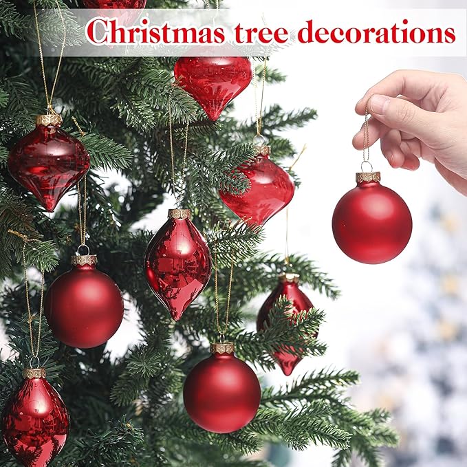 Zomiboo 12 Pcs Burgundy Red Glass Christmas Ball Ornaments Set 3.15" Hanging Shatterproof Glass Bulbs for Christmas Tree Baubles Bulk for Holiday Xmas Tree Decorations Gifts