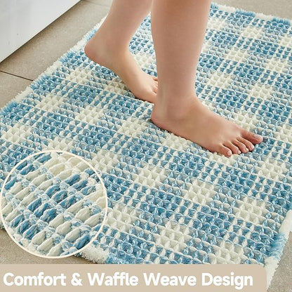 Waffle Runner Rug Bathroom, Long Boho Bathroom Rugs Non Slip Washable Absorbent Checkered Bathroom Mat Quick Dry Cute Bath Mat, 60"x24" Blue and White