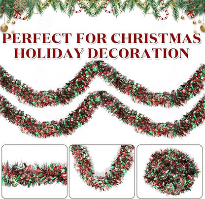 50Ft Christmas Tinsel Garland - Red Green Black Shiny Metallic Twist Decor for Christmas Tree Home Stairs Railing Front Door Mantle Fireplace Indoor Outdoor Holiday Party