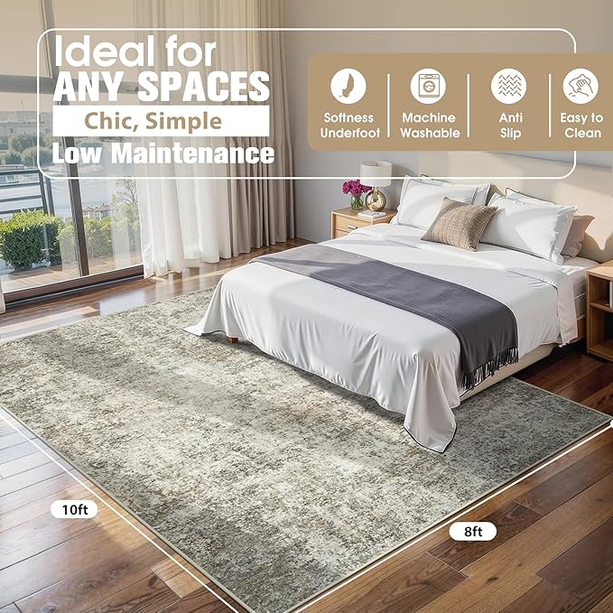 8x10 Area Rugs for Living Room Rug Washable: Abstract Large Rug for Dining Room Bedroom Carpet Non Slip 8 by 10 Indoor Modern Nursery Home Office Beige Brown