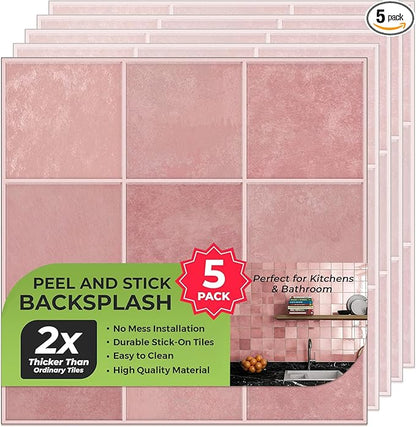 5 Pack Peel and Stick Backsplash Square Tiles, Extra Thick 3D Wall Panels, Heat & Water Resistant, Easy DIY Kitchen, Bathroom, Laundry, Fireplace & Rental Home Wall Décor (12 x 12 in), Pink