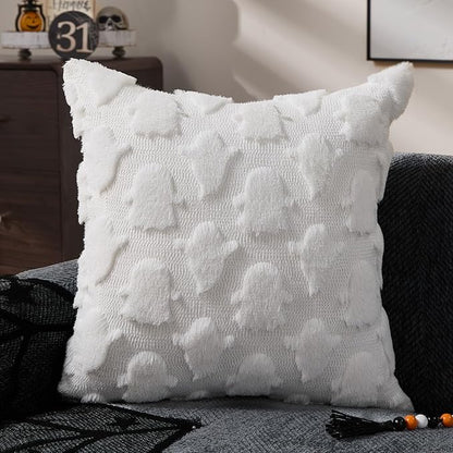 DFXSZ Halloween Pillow Covers 18x18 inch Set of 2 White Ghost Throw Pillow Cases Soft Plush Faux Fur Wool Cushion Case for Chair Bedroom Living Room Home Decor PTK03R18
