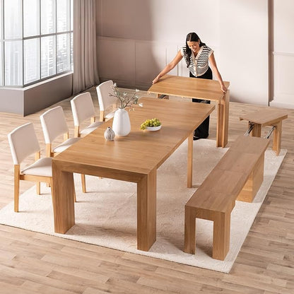 Transformer Table Expandable Dining Table Set for 4 to 12, Kitchen Table and Chairs Set of 4 & Dining Bench, Extendable Dining Room Table with Extending Table Panels, Stackable Chairs & Wood Bench
