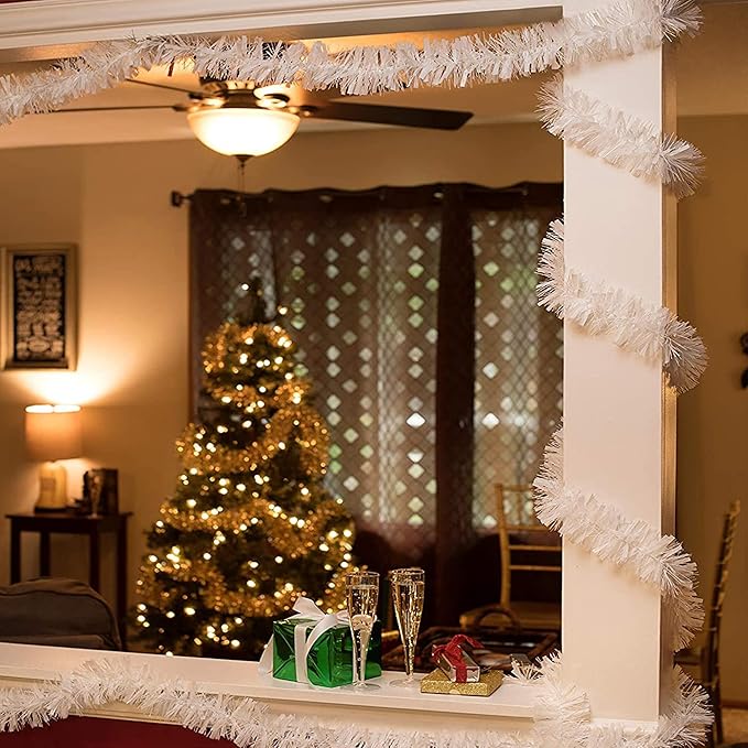 CANREVEL 4 Pieces 26.2 Ft Christmas Garland Metallic Shiny Twist Tinsel Garland Hanging Decorations for Christmas Tree, Mantle, Stairs Railing Decorations - White