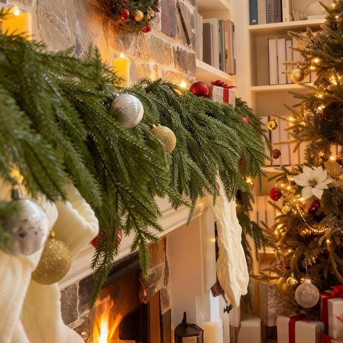 Christmas Garland, 6.3FT Real Touch Faux Green Norfolk Pine Garlands, Table, Fireplace, Winter Artificial Greenery Garland for Mantle, Stairs, Indoor & Outdoor Xmas Decorations
