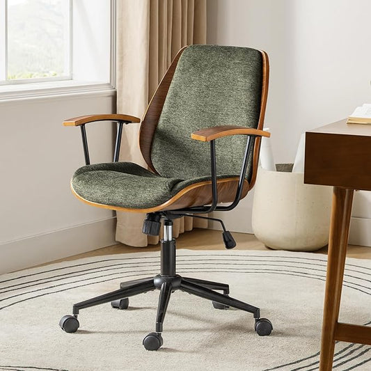 HULALA HOME Solid Wood Office Chair with Rocking Function, Comfy Fabric Desk Chair with Bent Wood and Metal Base, Height Adjustable Swivel Computer Task Chair, Green