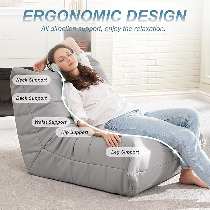Hobestluk Giant Bean Bag Chair Lazy Floor Sofa, Fireside Sofa for Adults, Big Beanbag Faux Leather Armless Chair for Living Room Bedroom Dorm Office (Light Grey, Single)