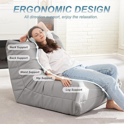 Hobestluk Giant Bean Bag Chair Lazy Floor Sofa, Fireside Sofa for Adults, Big Beanbag Faux Leather Armless Chair for Living Room Bedroom Dorm Office (Light Grey, Single)