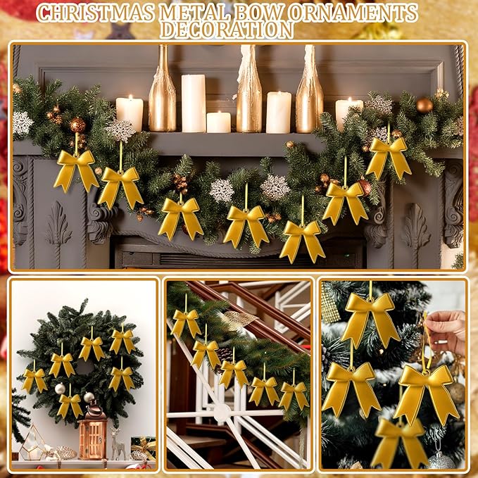 12 Pcs 2025 Christmas Metal Bow Ornaments Bulk for Christmas Tree Garland Wreath Fireplace Vintage Gold Bow Ornaments Indoor Outdoor Home Xmas Party Decorations