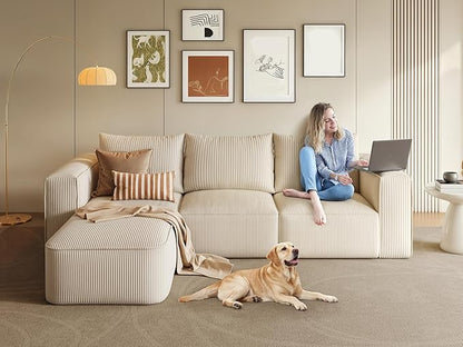 YITAHOME 107 Inch Cloud Modular Sofa with L-Shape Chaise, Deep Seat & 3 Pillows, Corduroy Couch for Living Room Bedroom, No Assembly Needed, Milky White