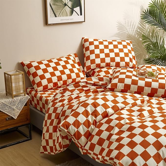 CLOTHKNOW Rust Beige Plaid California King Comforter Set Checker Bedding Comforter Sets Geometric Buffalo Comforter with 2 x Pillow Cases