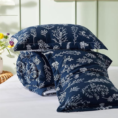Bedsure Full Comforter Set - Navy Bed Set, 3 Pieces Cute Floral Bedding, 1 Soft Reversible Botanical Flowers Comforter and 2 Pillow Shams