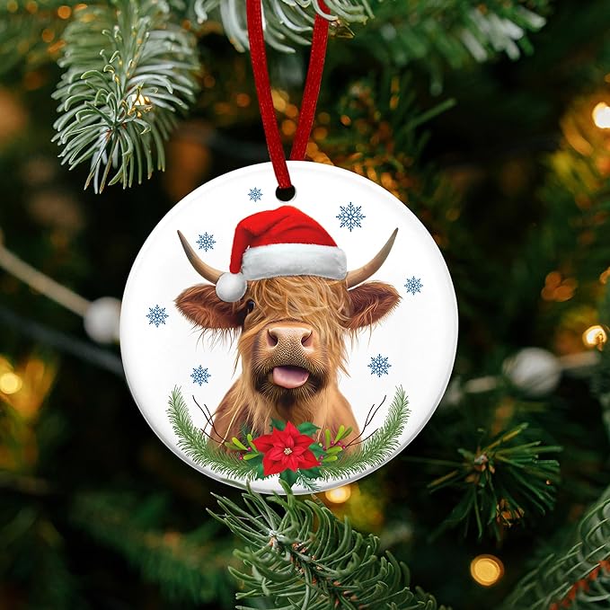 OASSIE Highland Cow Christmas Ornaments Gifts for Women Men - Ceramic Ornaments 2025 for Tree Decorations - Cow Ornament for Farmhouse Decorations, Hanging Ornament for Rustic Tree, Farm Animal Gifts
