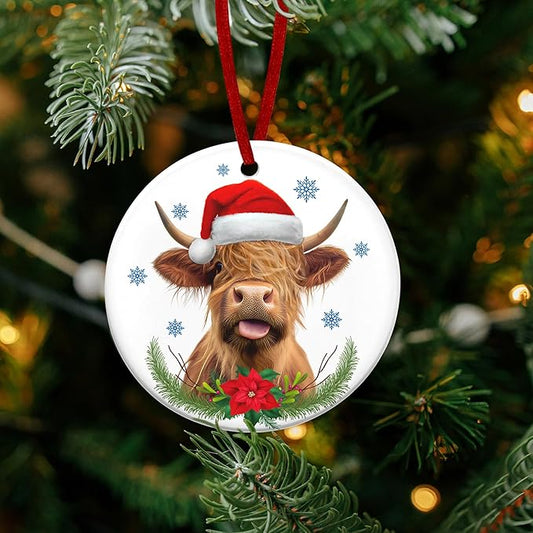 OASSIE Highland Cow Christmas Ornaments Gifts for Women Men - Ceramic Ornaments 2025 for Tree Decorations - Cow Ornament for Farmhouse Decorations, Hanging Ornament for Rustic Tree, Farm Animal Gifts