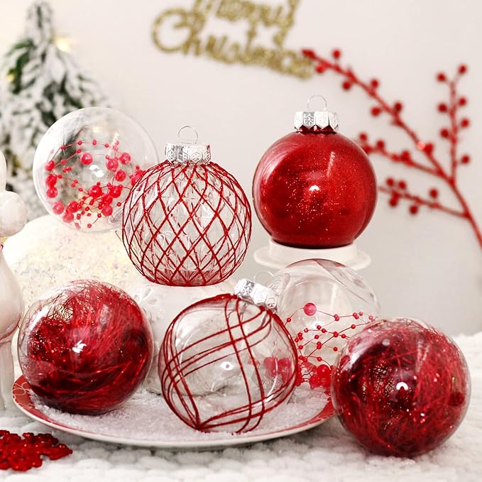 Christmas Ball Ornaments 20ct Red Clear Shatterproof Xmas Ball Decorations 80mm/3.15" Large Christmas Ornaments for Christmas Tree Decoration Hanging Bauble for Party Gifts