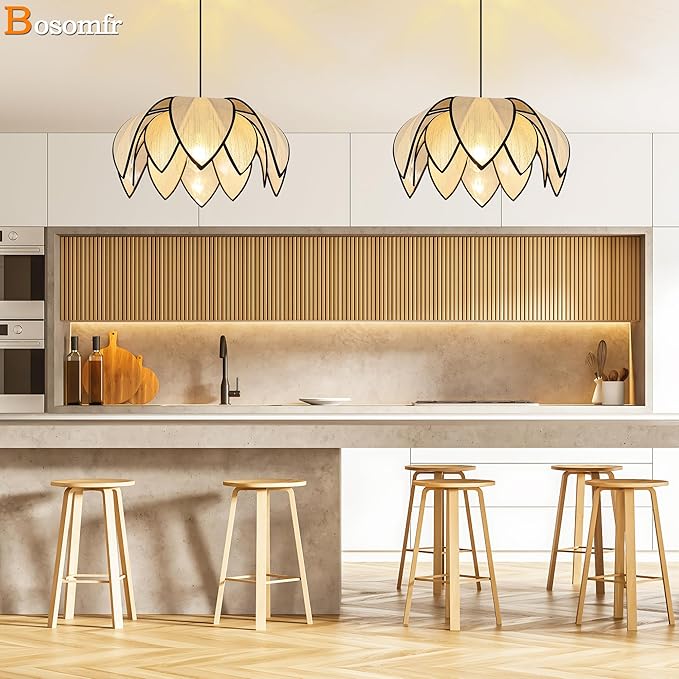 21.6" Boho Petal-Shaped Chandelier Light Fixture, Farmhouse Chandeliers for Dining Room Hand Woven Flower Pendant Light, Coastal Hanging Pendant Light for Kitchen Island Bedroom Living Room