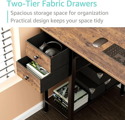 Lufeiya Computer Desk with Drawers - 40 Inch Work Reversible Small Desk for Bedroom Home Office, Simple Study Writing Table PC Desks with Drawer Storage Shelves, Rustic Brown