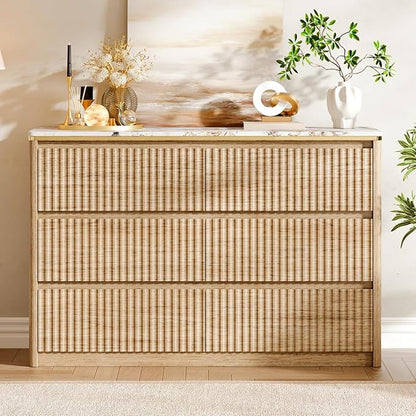 Fluted Dresser for Bedroom with 6 Drawers, 47.2" Modern Chest of Drawers with Faux Marble Top, Curved Profile Design,Dresser TV Stand, Wood Drawer Organizer for Living Room, Hallway, Oak1