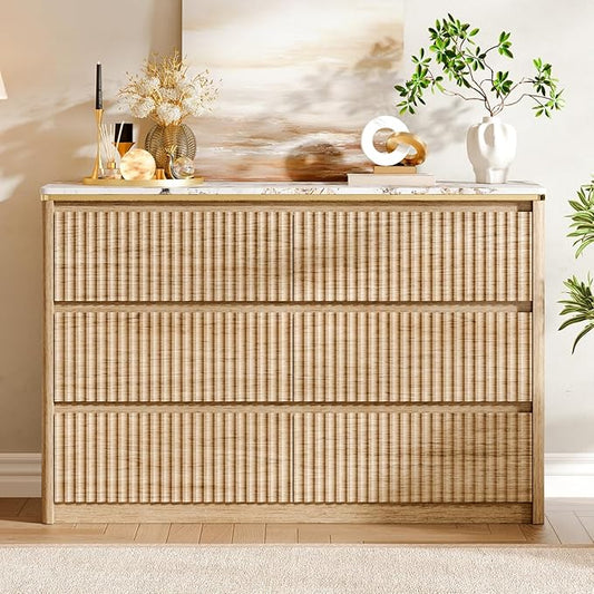Fluted Dresser for Bedroom with 6 Drawers, 47.2" Modern Chest of Drawers with Faux Marble Top, Curved Profile Design,Dresser TV Stand, Wood Drawer Organizer for Living Room, Hallway, Oak1