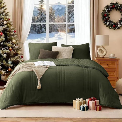 Monbix Fluffy King Size Comforter Set Olive Green, Sherpa Plush Fuzzy Comforter 3 Piece for King Size Bed, Luxury Soft Winter Warm Bedding Set