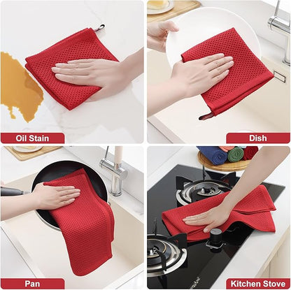 Homaxy 100% Cotton Kitchen Towels and Dishcloths Set, 12 x 12 Inches and 13 x 28 Inches, Set of 16 Bulk Kitchen Towels Set, Ultra Soft Absorbent Dish Cloths for Washing Dishes, Red