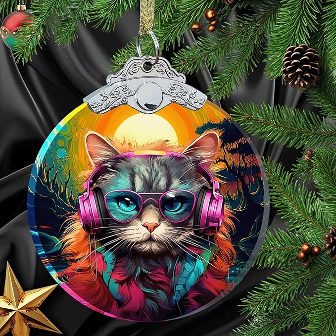 Cat Christmas Ornament Crystal Glass 3" for Christmas Decorations for Pet Lovers - Cat Gifts for Women Men