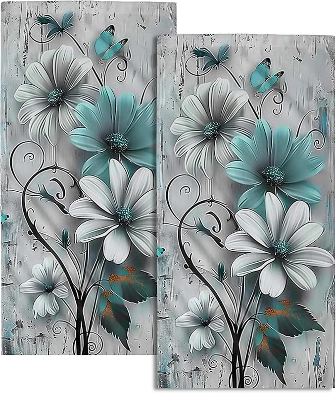 Rustic Farmhouse Hand Towels Teal Daisy Floral Butterfly Wooden Print Decorative Absorbent Kitchen Spa 28x14