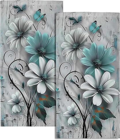 Rustic Farmhouse Hand Towels Teal Daisy Floral Butterfly Wooden Print Decorative Absorbent Kitchen Spa 28x14