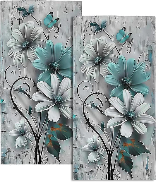 Rustic Farmhouse Hand Towels Teal Daisy Floral Butterfly Wooden Print Decorative Absorbent Kitchen Spa 28x14