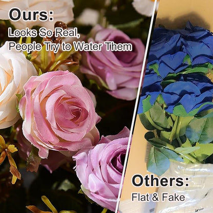 Artificial Flowers for Outdoor 4 Bundles Rose Bouquet with Daisy Faux Flowers UV Resistant for Home Indoor Outside Garden Porch Window Box Balcony Yard Porch Decor (White+Purple)