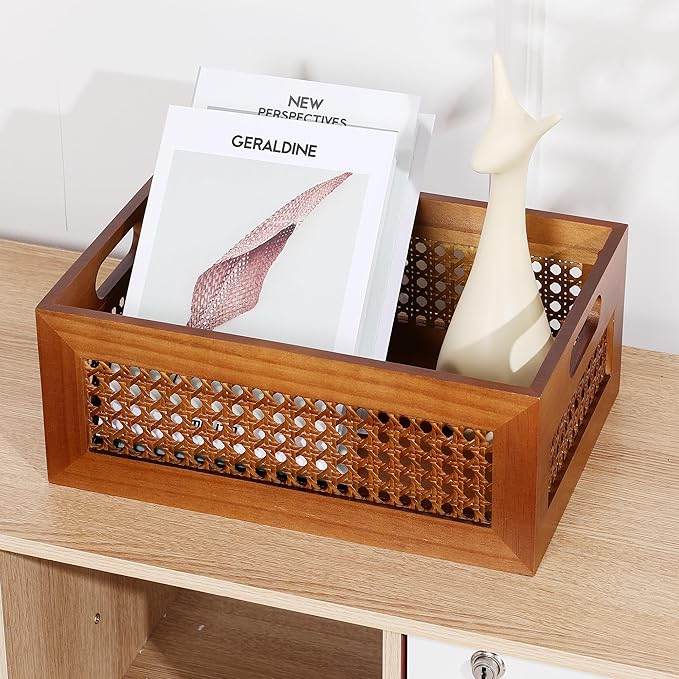 Wooden Storage Basket Handmade Rattan Drawer Storage Box with Frame & Handles Decorative Natural Bamboo Woven Bins Rustic Farmhouse Decor Home Office Tabletop Shelf Organizer 13.8" x 9.8" x 5.5"