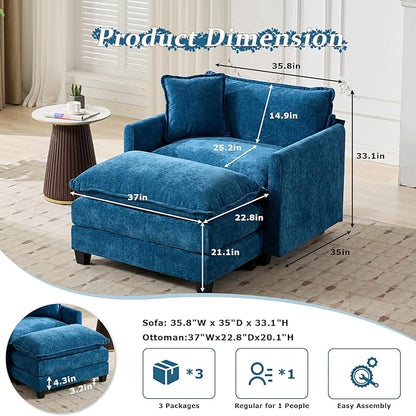 SoarFlash Chenille Sectional Sofa, Comfy Modular Single Sofa with Ottoman, Modern Recliner Deep Seat Sofa Set for Living Room,Blue
