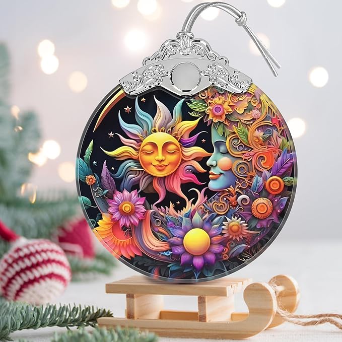 Stained Glass Christmas Ornament - Christmas Tree Ornaments - Sun and Moon Hanging Decor - Holiday Present Ideas - Gift Exchange
