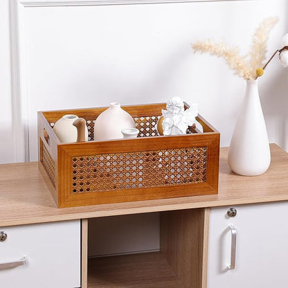 Wooden Storage Basket Large Handmade Rattan Drawer Storage Box with Frame & Handles Decorative Natural Bamboo Woven Bins Rustic Farmhouse Decor Home Office Tabletop Shelf Organizer 15" x 11" x 5.9"