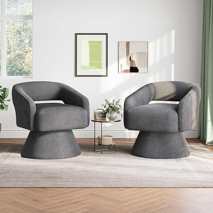 LINSY Swivel Barrel Chair, 360 Modern Swivel Accent Chair Boucle Swivel Chair Round Gray Corduroy Chairs with Arms, Small Barrel Chair for Small Spaces Bedroom Living Room
