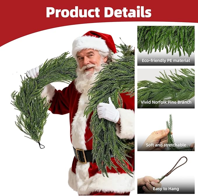 Christmas Garlands 9FT Norfolk Pine Garland 1PCS Realistic Artificial Faux Greenery Garland for Mantle Holiday Indoor Outdoor Fireplace Window Stairs Winter Christmas Decorations