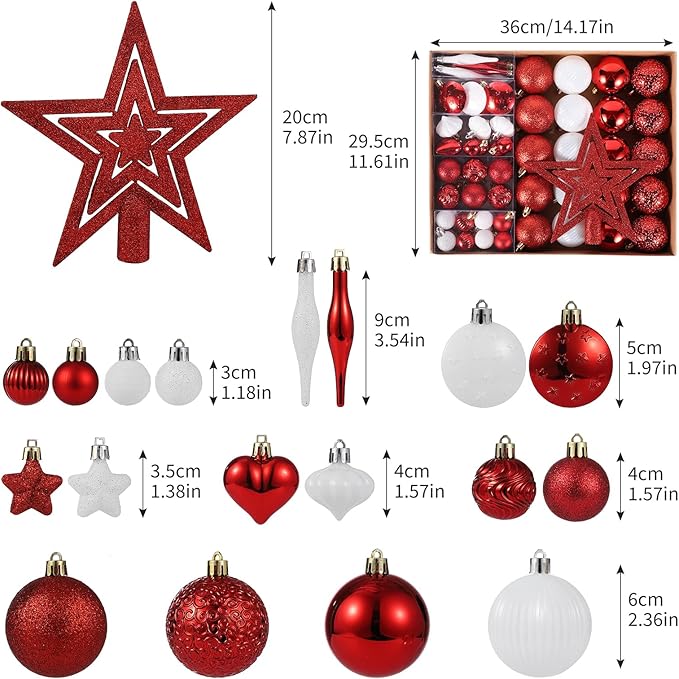 72 Pcs Shatterproof Christmas Balls Ornaments for Outdoor Use，Elegant Red and White Christmas Yard Decorations Outdoor with Hanging Loops，A Set of Christmas Tree Decoration for Home, Wedding, Party